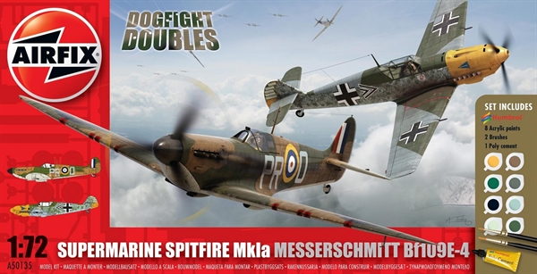 Airfix 1:72 Scale Plastic Kit Spitfire MkIa and Messerschmitt Bf109E-4 Dogfight Doubles Gift Set - A50135