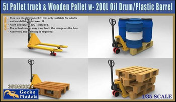 Pallet Truck with Wooden Pallets and 200 Ltr Oil Drums