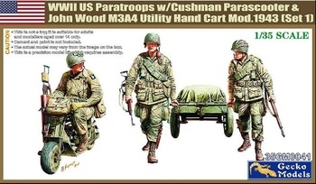 WWII US Paratroops with Cushman Parascooter and John Wood M3A4 Utility Hand Cart Mod1943 - 135 Plastic Model Kit