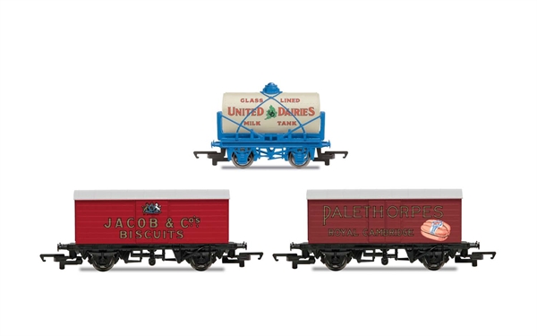 Hornby OO Gauge Retro Wagons (3 Pack) - United Dairies Tanker, Jacob's Biscuits, Palethorpes (Era 2) - R6991