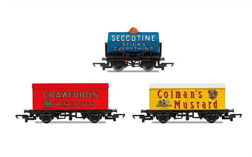 Hornby OO Gauge Retro Wagons 3 Pack - Crawfords Biscuits Seccotine Tanker Colemans Mustard Era 2 - R6990