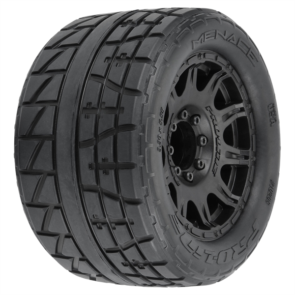 1/8 Menace HP BELTED Fr/Rr 3.8" MT Tires Mounted 17mm Black