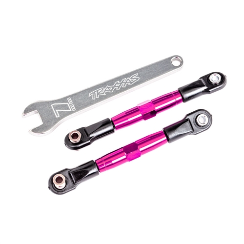 Camber links, front (TUBES pink-anodised, 7075-T6 aluminium, stronger than titanium) (2) (assembled with rod ends and hollow balls)/ aluminium wrench (1) (fits Drag Slash)