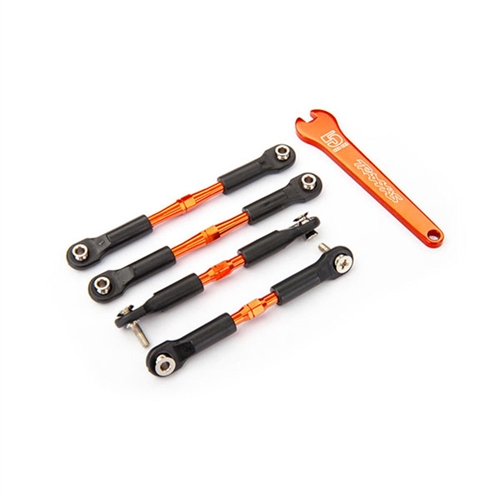 Turnbuckles, aluminium (orange-anodised), camber links, front, 39mm (2), rear, 49mm (2) (assembled with rod ends & hollow balls)/ wrench