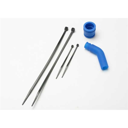 Pipe coupler, molded (blue) exhaust deflecter w/ cable ties