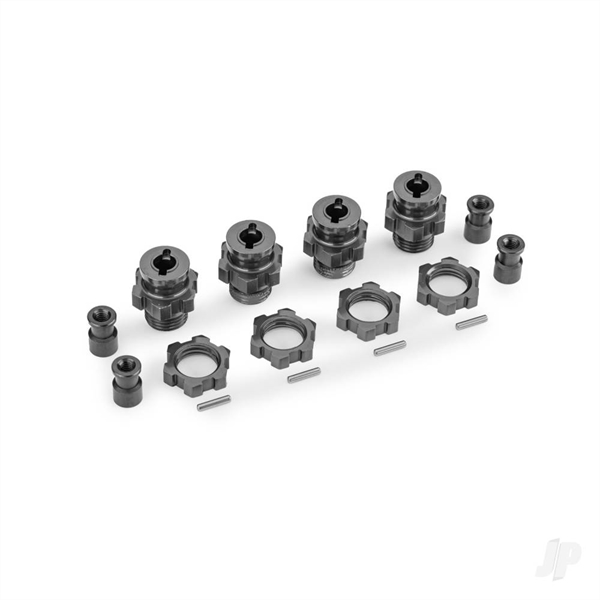 Wheel hubs, splined, 17mm, short (Grey-anodised) (4), wheel nuts, splined, 17mm (Grey-anodised) (4), hub retainer M4 X 0.7 (4), axle pin (4) (for use with #9080 upgrade kit)