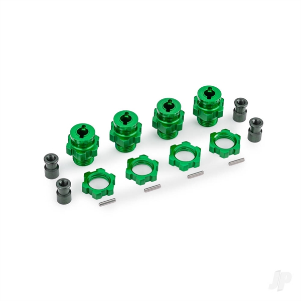 Wheel hubs, splined, 17mm, short (Green-anodised) (4), wheel nuts, splined, 17mm (Green-anodised) (4), hub retainer M4 X 0.7 (4), axle pin (4) (for use with #9080 upgrade kit)