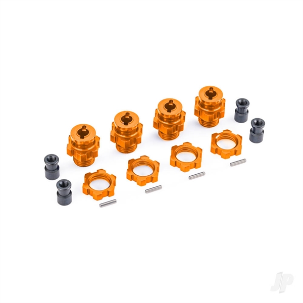 Wheel hubs, splined, 17mm, short (Orange-anodised) (4), wheel nuts, splined, 17mm (Orange-anodised) (4), hub retainer M4 X 0.7 (4), axle pin (4) (for use with #9080 upgrade kit)