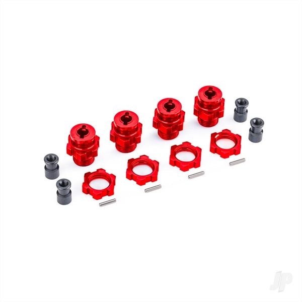 Wheel hubs, splined, 17mm, short (Red-anodised) (4), wheel nuts, splined, 17mm (Red-anodised) (4), hub retainer M4 X 0.7 (4), axle pin (4) (for use with #9080 upgrade kit)