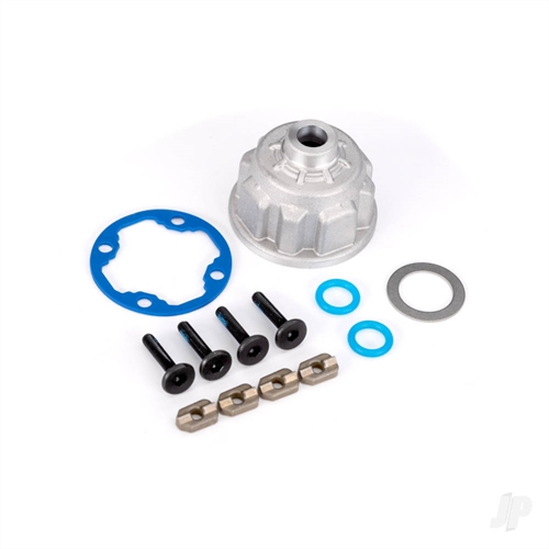 Carrier, differential (aluminium)/ o-ring gaskets (2)/ ring gear gasket/ spacers (4)/ 12.2x18x0.5 MW/ 3x15mm flat-head machine screws (with threadlock) (4)