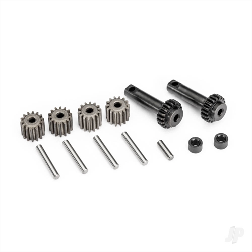 Gear set, differential (planetary) (output gears (2), spider gears (4), spider gear shafts (4), differential spacers (2), output shaft (1), 2.5x8.25mm pin (2))
