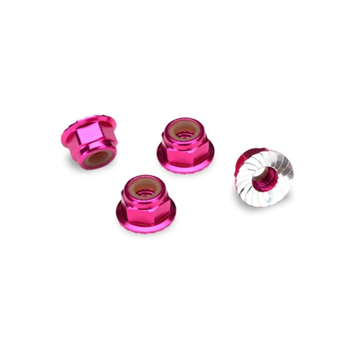 Nuts, aluminium, flanged, serrated (4mm) (pink-anodised) (4)