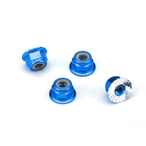 Nuts, 4mm flanged nylon locking (aluminium, blue anodised) (4)