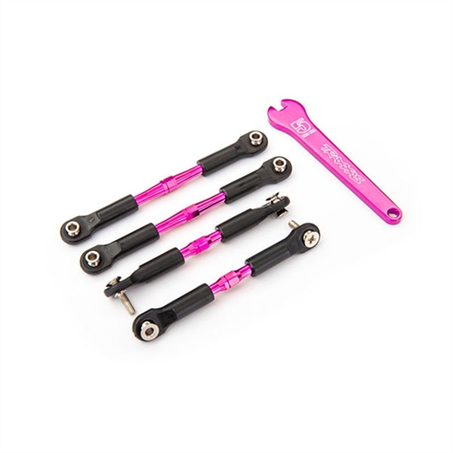 Turnbuckles, aluminium (pink-anodised), camber links, front, 39mm
(2), rear, 49mm (2) (assembled with rod ends & hollow balls)/
wrench

