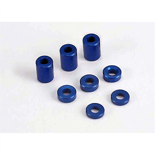 Blue-anodised, aluminium spacers (3x6x8mm,3x6x1.5mm,3x6x2.5m