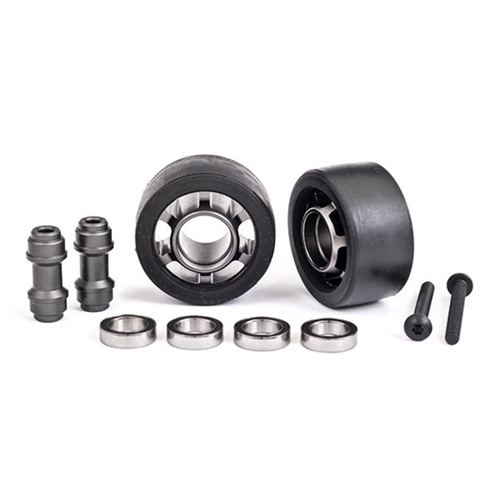 Wheels, wheelie bar, 6061-T6 aluminium (dark titanium-anodised) (2)/ axle, wheelie bar, 6061-T6 aluminium (2)/ 10x15x4 ball bearings (4)