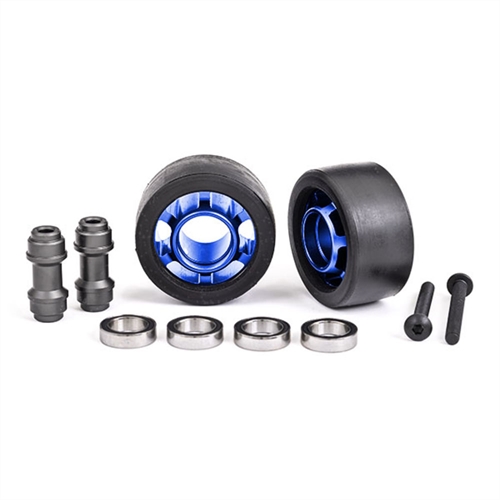 Wheels, wheelie bar, 6061-T6 aluminium (blue-anodised) (2)/ axle, wheelie bar, 6061-T6 aluminium (2)/ 10x15x4 ball bearings (4)