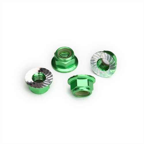 Nuts, 5mm flanged nylon locking (aluminum, green-anodized, s