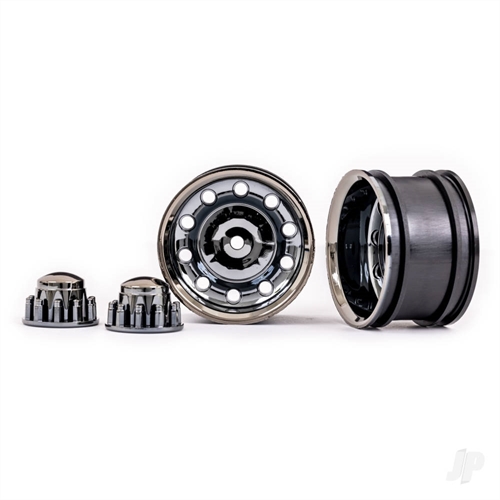Wheels, TRX-6 Big Rig 2.2in (black chrome) (rear) (2)/ centre caps (black chrome) (2)