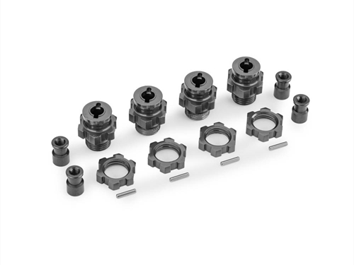 Wheel hubs, splined, 17mm, short (Grey-anodised) (4), wheel nuts, splined, 17mm (Grey-anodised) (4), hub retainer M4 X 0.7 (4), axle pin (4) (for use with #9080 upgrade kit)