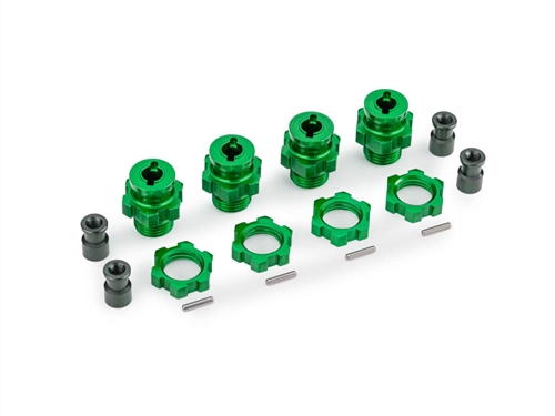 Wheel hubs, splined, 17mm, short (Green-anodised) (4), wheel nuts, splined, 17mm (Green-anodised) (4), hub retainer M4 X 0.7 (4), axle pin (4) (for use with #9080 upgrade kit)