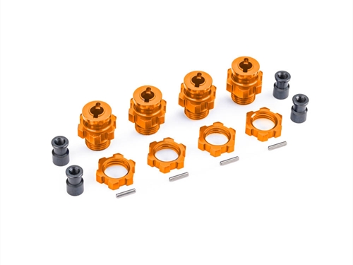 Wheel hubs, splined, 17mm, short (Orange-anodised) (4), wheel nuts, splined, 17mm (Orange-anodised) (4), hub retainer M4 X 0.7 (4), axle pin (4) (for use with #9080 upgrade kit)