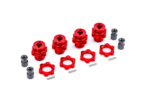 Wheel hubs, splined, 17mm, short (Red-anodised) (4), wheel nuts, splined, 17mm (Red-anodised) (4), hub retainer M4 X 0.7 (4), axle pin (4) (for use with #9080 upgrade kit)