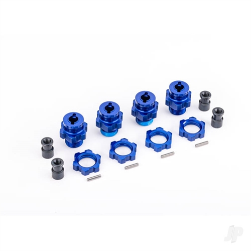 Wheel hubs, splined, 17mm, short (blue-anodised) (4)/ wheel nuts, splined, 17mm (blue-anodised) (4)/ hub retainer M4 X 0.7 (4)/ axle pin (4) (for use with #9080 upgrade kit)