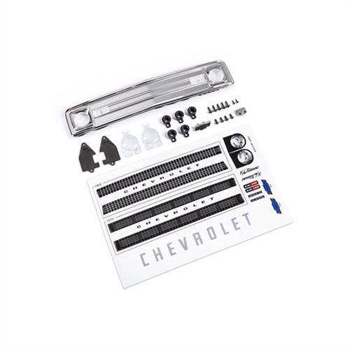 Grille, Chevrolet Blazer (1969 - 1970)/ grille retainers (5)/ headlight housing (2)/ headlight lens (2)/ turn signal lens (2)/ hood emblem/ hood emblem mount/ 2.6x8 BCS (5)/ 2.5x6 BCS (4)/ 1.6x5 BCS (self-tapping) (2) (fits #9112 body)