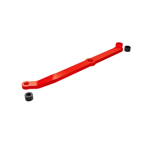 Steering link, 6061-T6 aluminium (red-anodised)/ servo horn, metal/ spacers (2)/ 3x6mm CCS (with threadlock) (1)/ 2.5x7mm SS (with threadlock) (1)