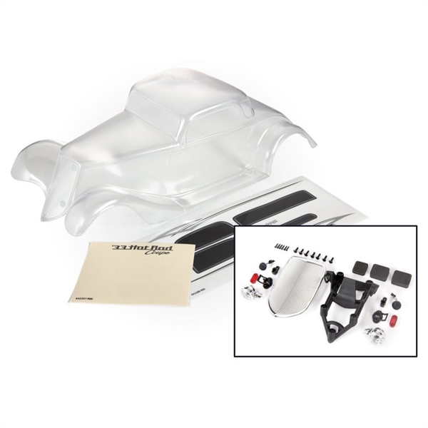Body, Factory Five '33 Hot Rod Coupe (clear, requires painting) / foam pads (front & rear) / decal sheet (includes front grille, side mirrors, headlights, tail lights, mounting hardware)