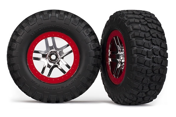 Tire&wheel:SCT Spl'Spoke chr/red b'lock w/KM2(4WD F/R,2WD R)