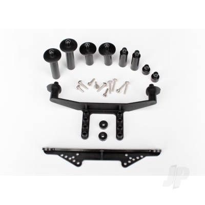 Body mount, front & rear (black)/ body posts, 38mm (2), 25mm