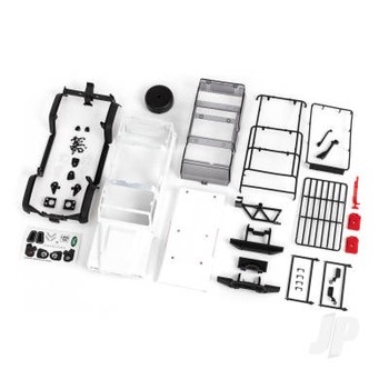 Body, Land Rover Defender, complete (white, requires painting) (includes grille, side mirrors, door handles, fender flares, fuel canisters, jack, spare tire mount, & clipless mounting)