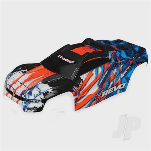 Body, E-Revo, orange/ decal sheet (assembled w/mounts for cl