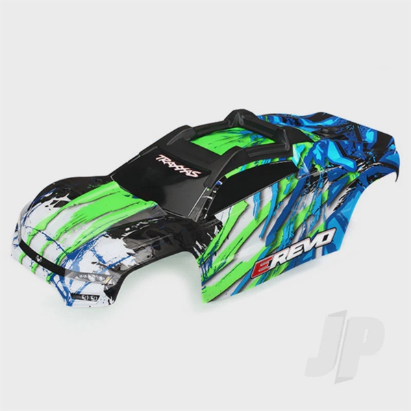 Body, E-Revo, green/ decal sheet (assembled w/mounts for cli