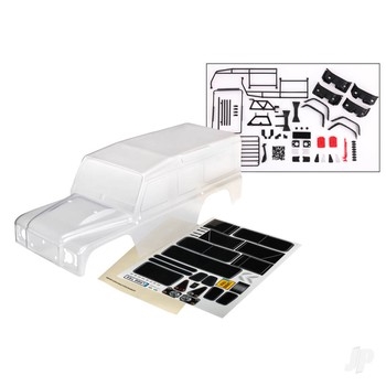 Body, Land Rover Defender, complete (clear, trimmed, requires painting) (includes grille, side mirrors, door handles, windshield wipers, ExoCage, spare tire mount, decals, window masks)