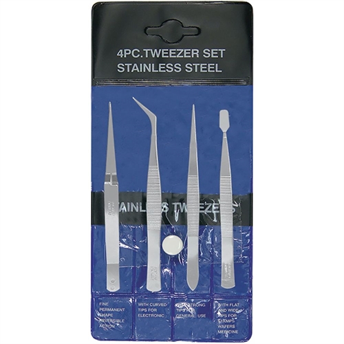 4-Piece Stainless Steel Tweezer Set with Pointed Self Closing Stamp Curved 4pcs Pouch